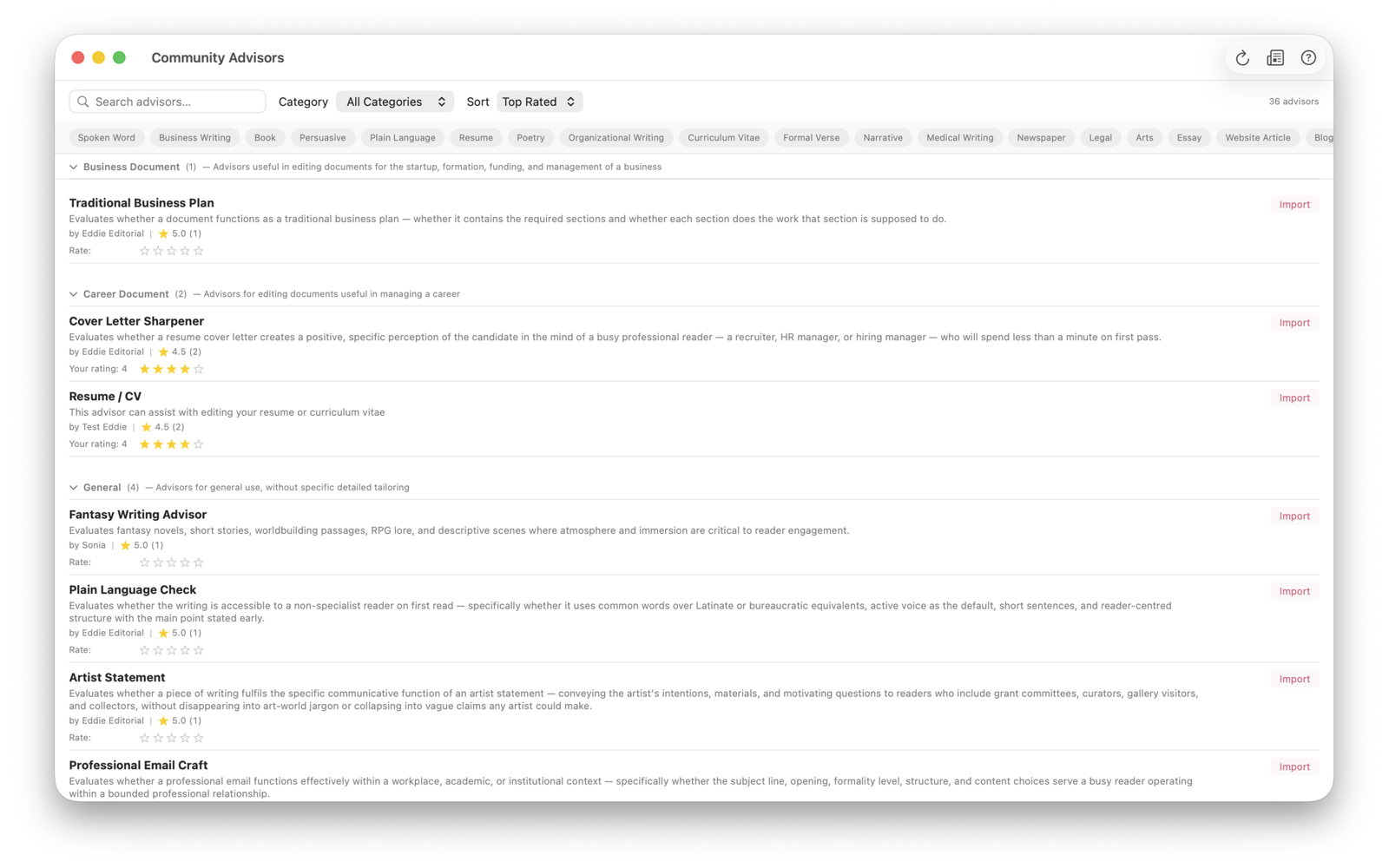 Community Advisors Exchange showing shared advisors with ratings